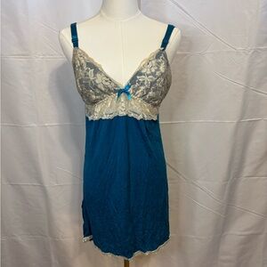 Y2K Teal‎ Lace Trim Babydoll Slip Dress Nature Intimates